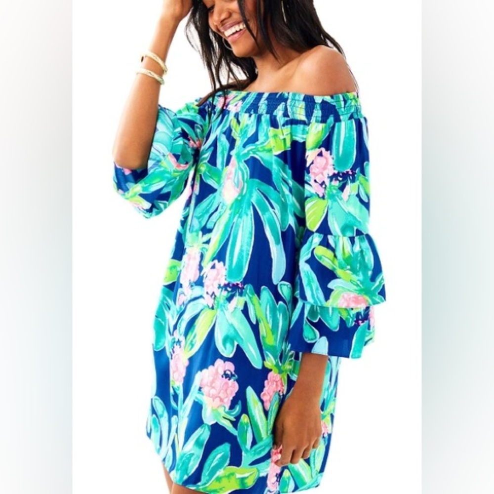 Lilly Pulitzer Tobyn off-the-shoulder tunic dress in the "Gypset Paradise"